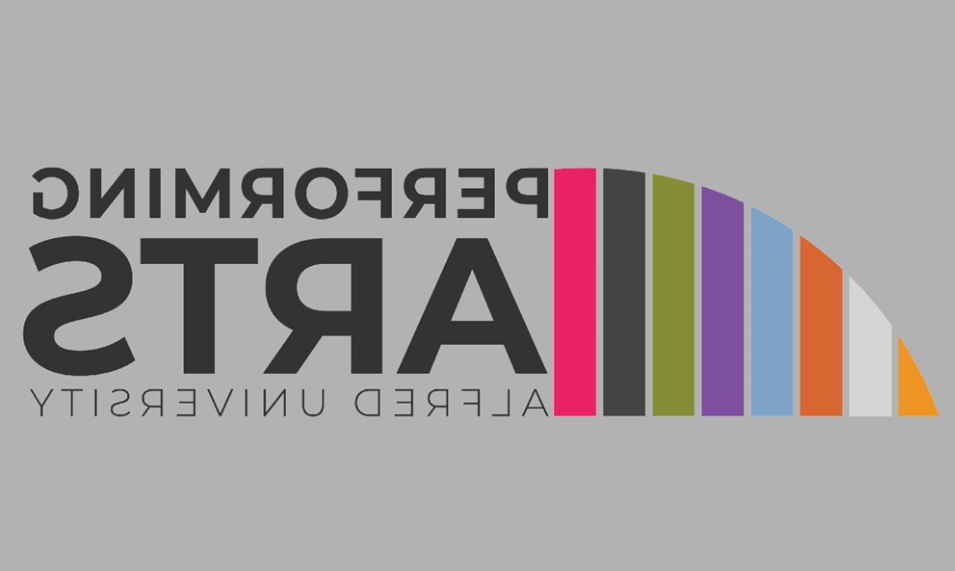 logo for the Performing Art Division at Alfred University, an arch that contains orange, white, yellow, green, purple, blue, black, and pink vertical stripes.